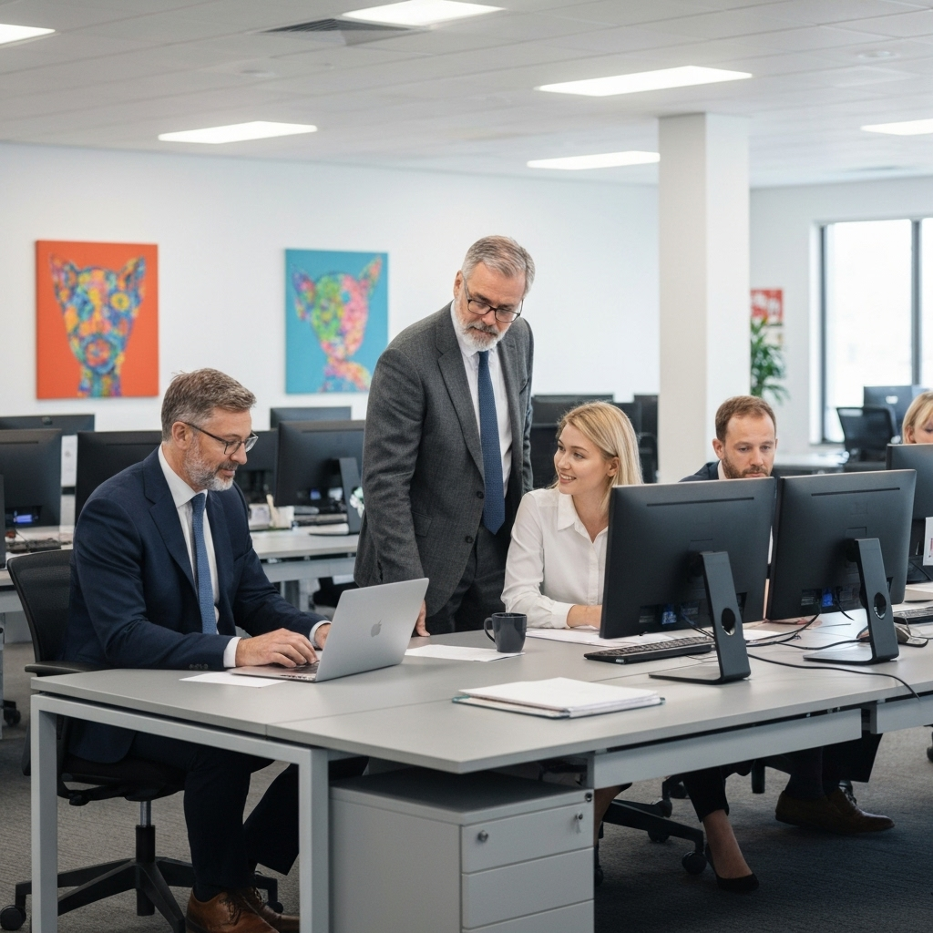 Professional team collaborating in a modern office